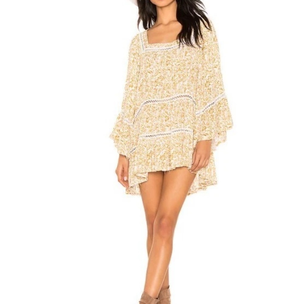 Free People Talk About It Tunic Womens Sz Large Ivory Gold Boho Floral OB908667